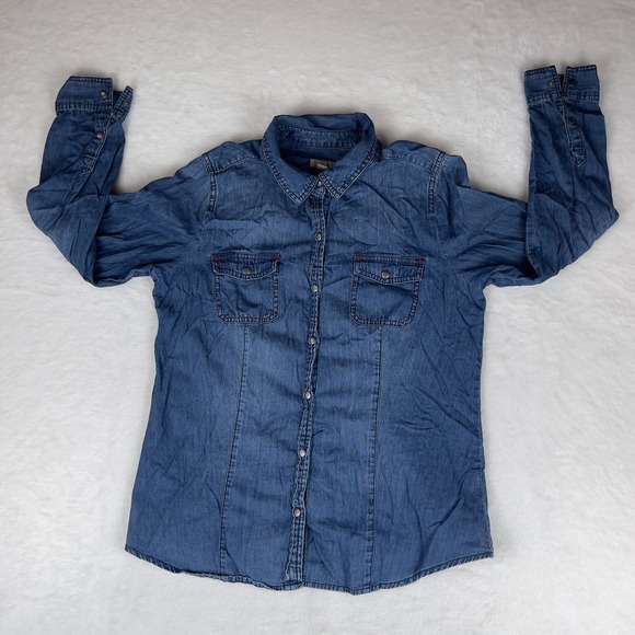 J. Jill Shirt Womens‎ Small Blue Denim Long Sleeve Detailed Pockets Snap Button - Picture 1 of 6
